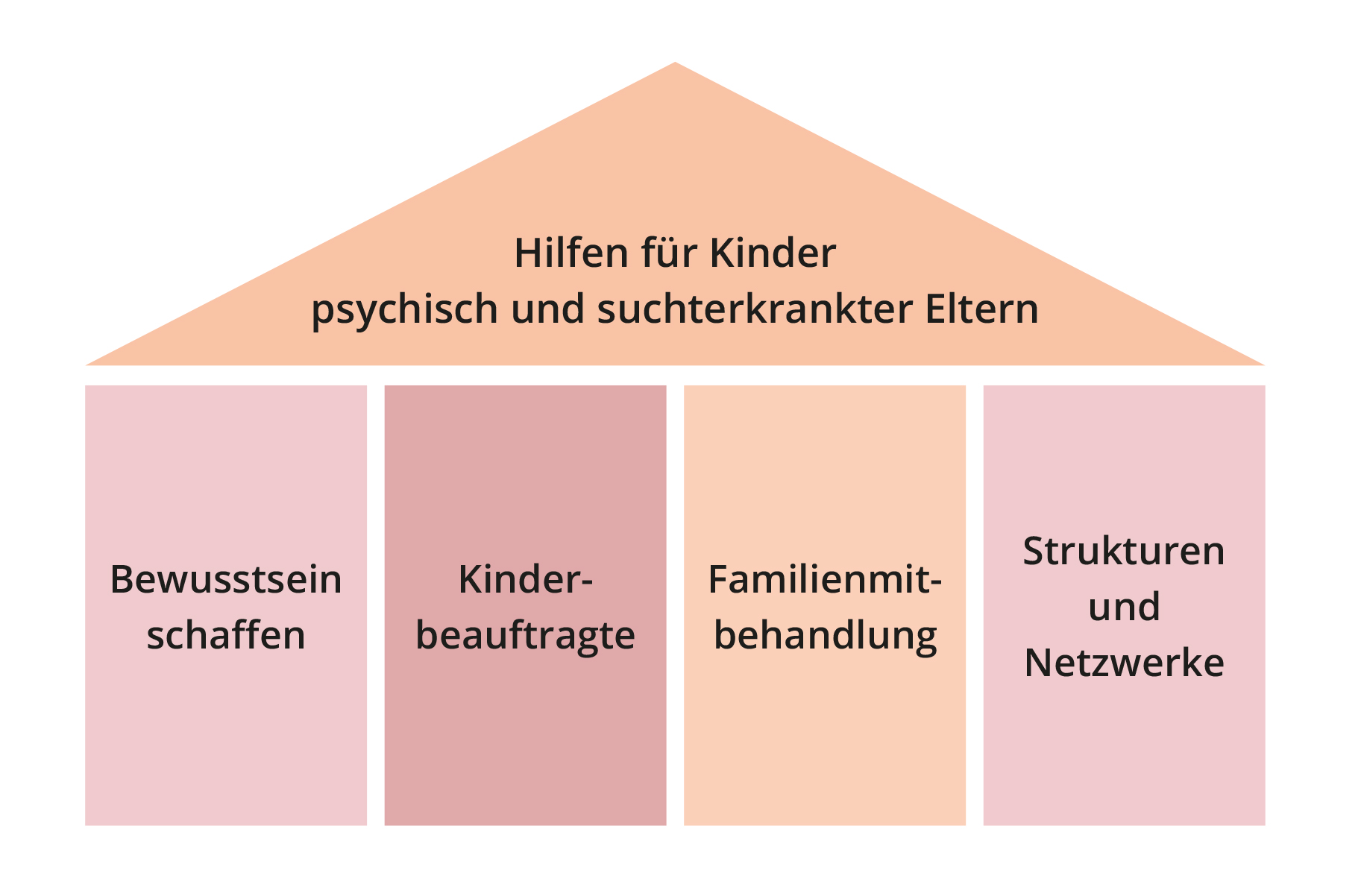 Diese Grafik zeigt ein Haus mit einem Dach und vier Säulen. Die vier Säulen von Stark im Sturm sind: 1. Bewusstsein schaffen, 2. Kinderbeauftragte, 3. Familienmitbehandlung sowie 4. Strukturen und Netzwerke.